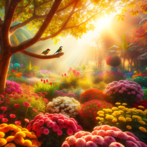 DALL·E-2023-10-14-04.07.43-Photo-of-a-vibrant-garden-bathed-in-warm-sunlight.-Colorful-flowers-are-in-full-bloom-and-a-couple-of-birds-are-perched-on-a-nearby-tree-branch-chir.png