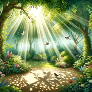 DALL·E-2023-10-14-04.07.49-Illustration-of-a-serene-garden-scene-where-sun-rays-filter-through-the-foliage-creating-dappled-light-patterns-on-the-ground.-Birds-of-various-speci.png