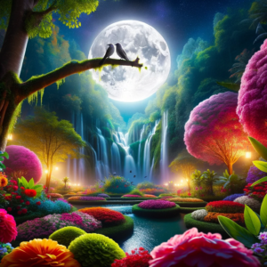 DALL·E-2023-10-14-04.17.18-Photo-of-a-vibrant-garden-at-nighttime.-Moonlight-illuminates-the-colorful-flowers-and-a-couple-of-birds-are-perched-on-a-tree-branch.-The-majestic-w-1.png