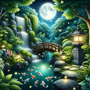 DALL·E-2023-10-14-04.43.17-Illustration-of-a-tranquil-garden-scene-at-night.-Moon-rays-filter-through-the-foliage-highlighting-the-waterfall-and-the-peaceful-pond-filled-with-k.png