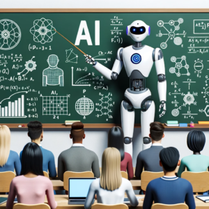 DALL·E-2023-10-22-05.36.09-Illustration-of-a-robot-teacher-with-a-pointer-in-hand-standing-next-to-a-chalkboard-displaying-AI-related-diagrams-and-equations.-In-the-foreground.png