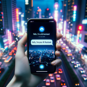 DALL·E-2023-10-22-05.36.15-Photo-of-a-hand-holding-a-smartphone-displaying-an-AI-assistant-app.-The-screen-showcases-a-chatbot-conversation-with-the-words-Hello-Im-your-AI-A-1.png