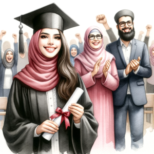 DALL·E-2023-10-22-05.51.39-Watercolor-painting-of-a-graduation-ceremony.-In-the-foreground-a-young-woman-of-Middle-Eastern-descent-proudly-holds-her-diploma-with-her-family-ch-1.png