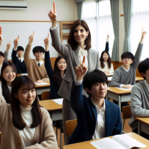 DALL·E-2023-10-22-05.51.42-Photo-of-a-classroom-scene-where-male-and-female-students-of-different-descents-are-raising-their-hands-to-answer-a-question.-The-teacher-a-woman-of-.png
